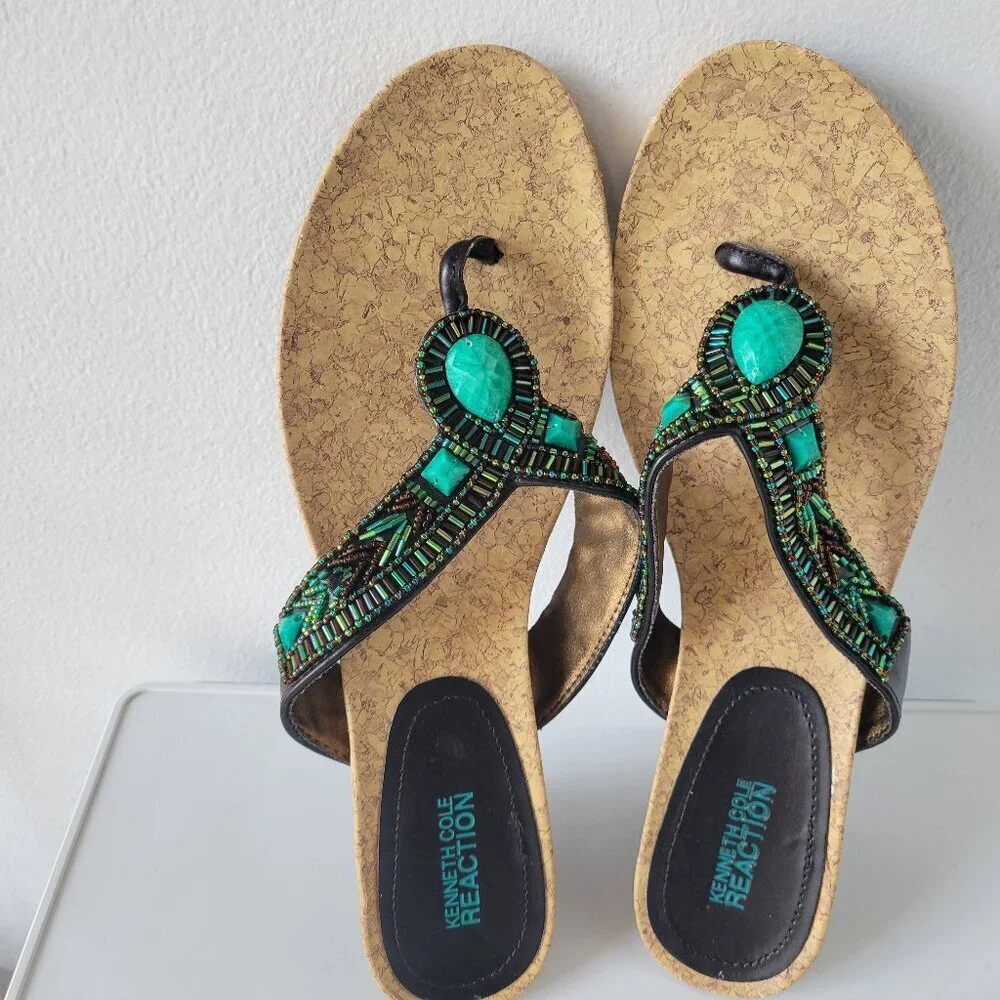 Kenneth Cole Boho Style Green beaded Wedge Sandals (Size: 9½)